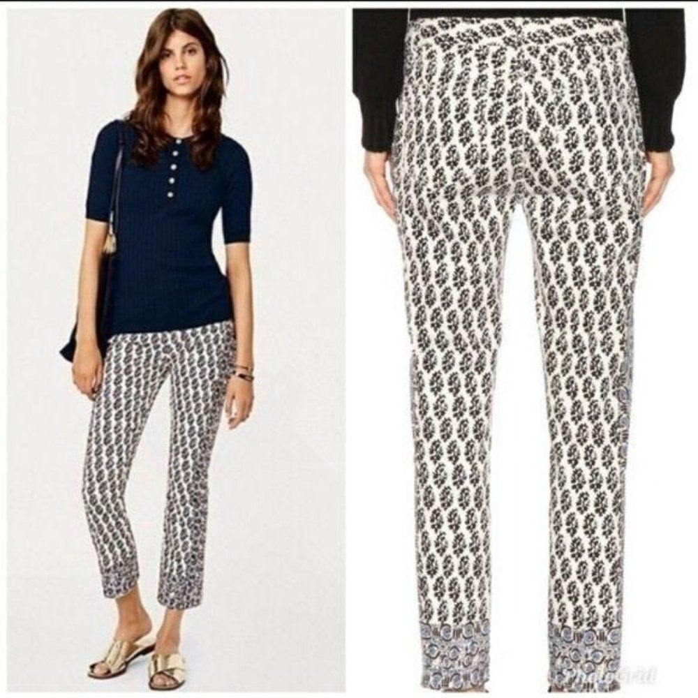 Tory Burch Reya Cropped Straight Leg Jeans Paisley Cotton Blend Size 27